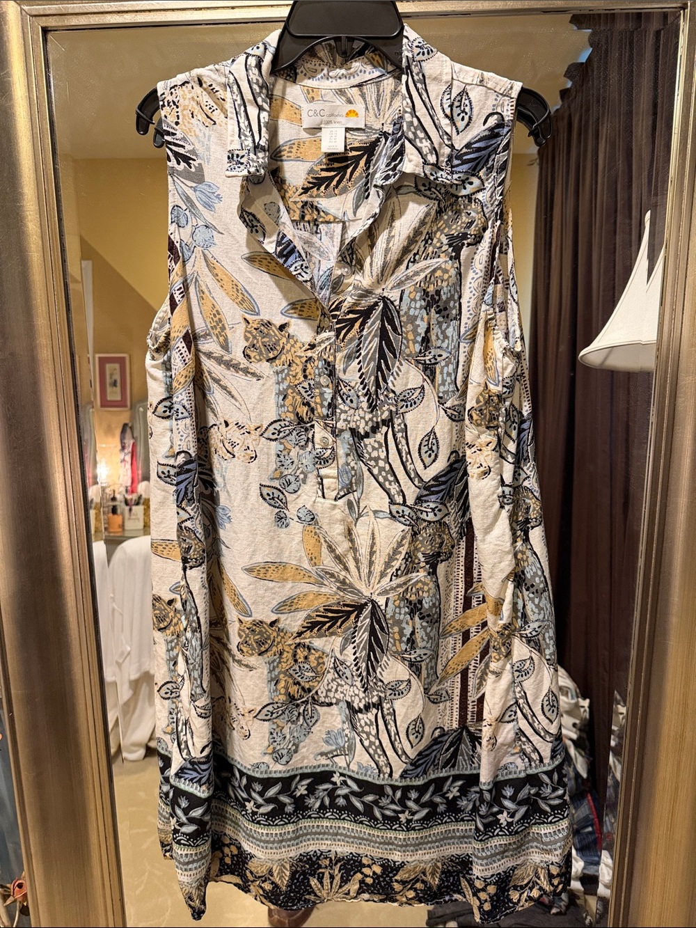 C&C California Sleeveless Linen Midi Dress in Cream, Black and Tan 1X